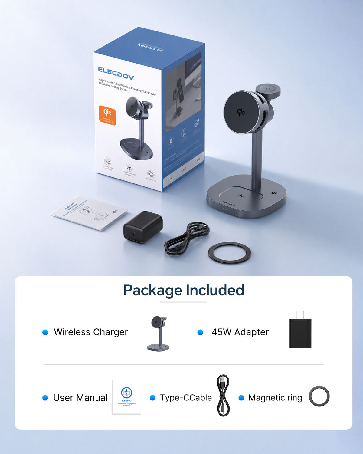 Elecdov W98S 3-in-1 Magnetische Ladestation für Samsung Qi2 zertifiziertes Ladegerät, inklusive Ladeadapter