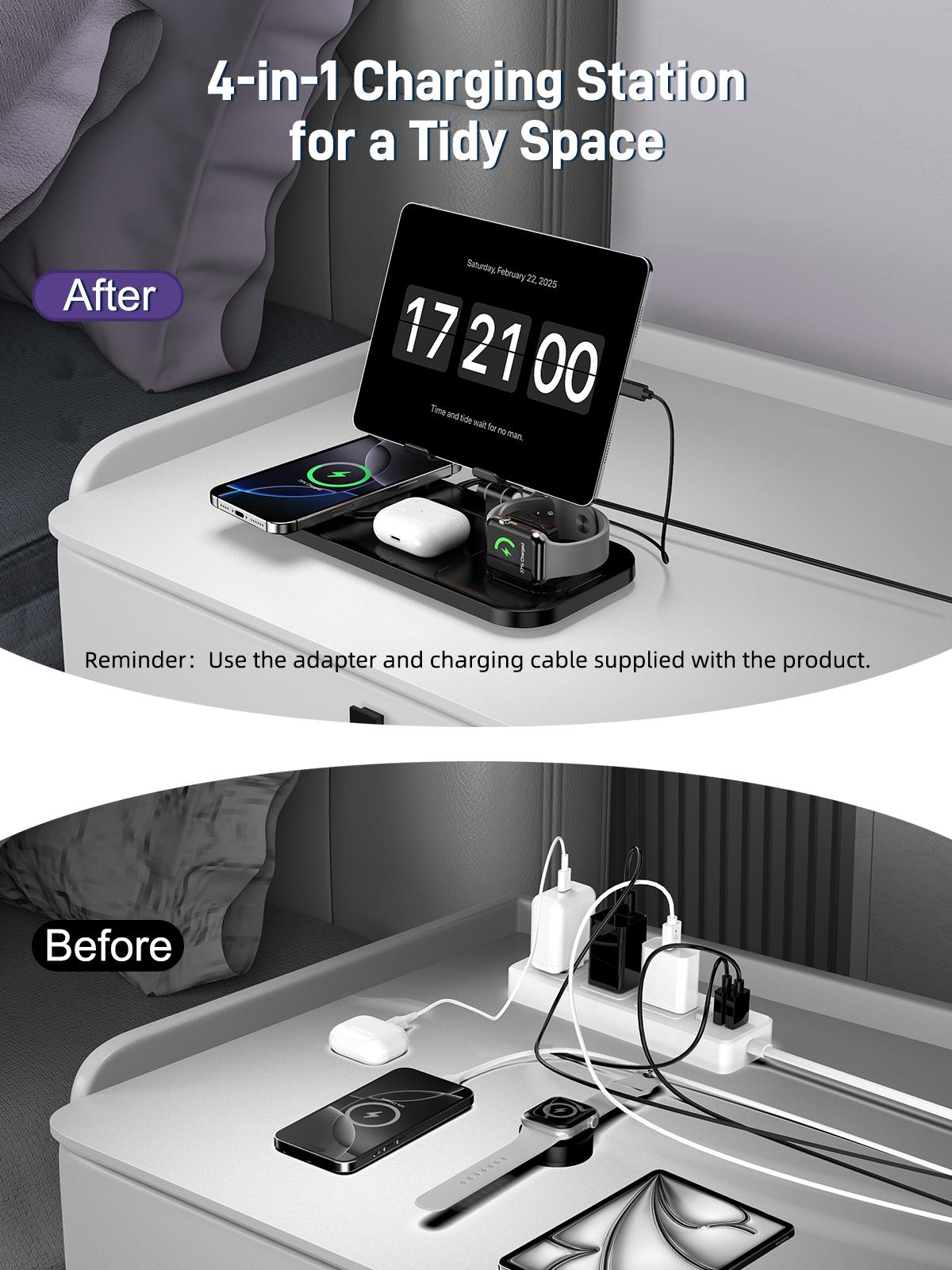 4-in-1-Ladestation für kabelloses Laden von Apple iPhone, Apple Watch, Ohrhörern, iPad und mehreren anderen Geräten 