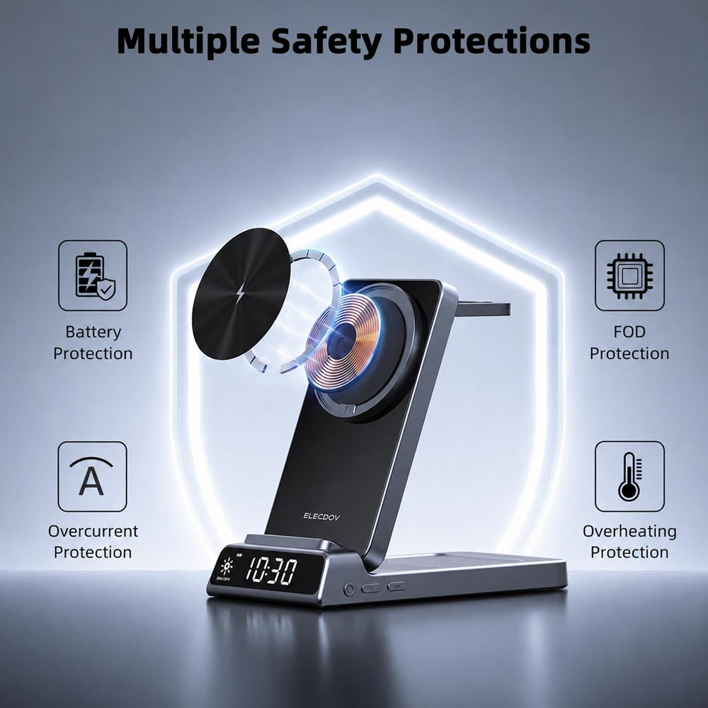 Elecdov CE19A 3 In 1 Magnetic Charging-Multiple safety protections for wireless charging