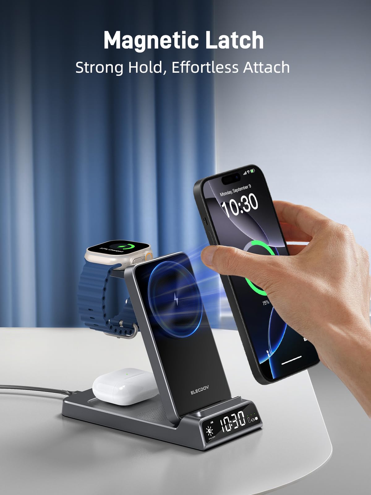 Elecdov Magnetische 3-in-1-Ladestation mit Uhr für Apple-Geräte 