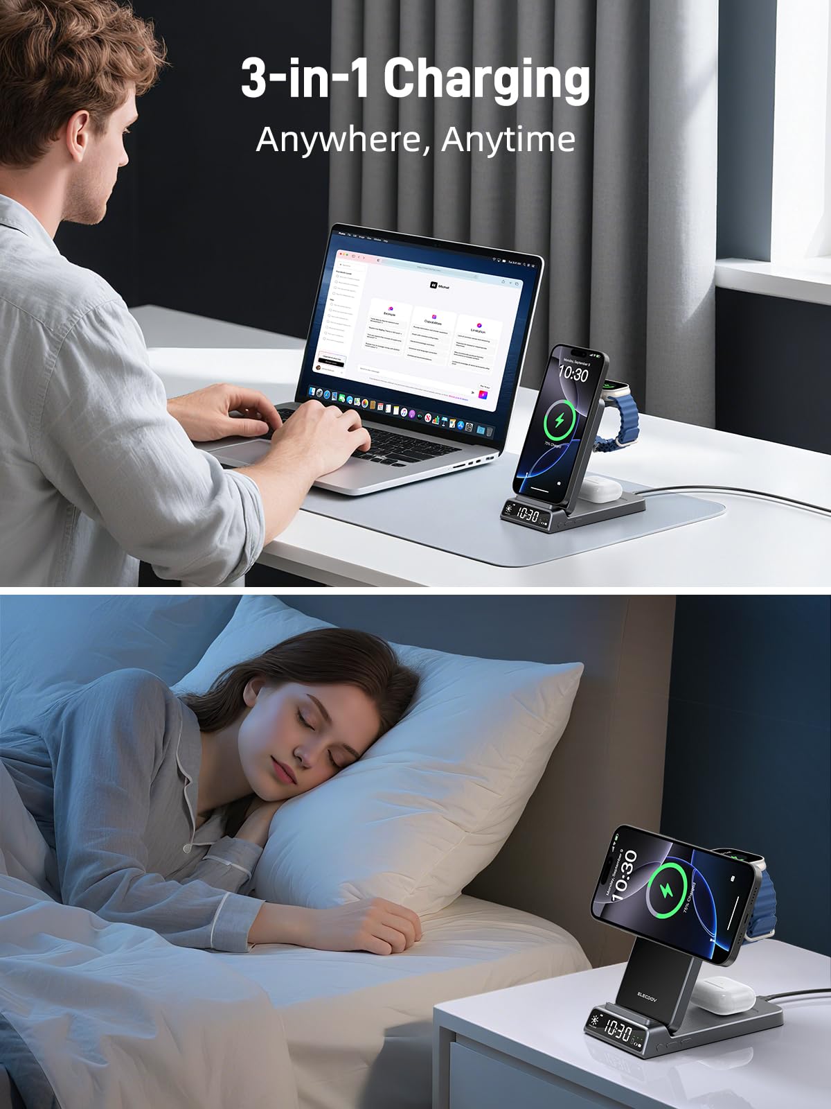 Elecdov Magnetische 3-in-1-Ladestation mit Uhr für Apple-Geräte 