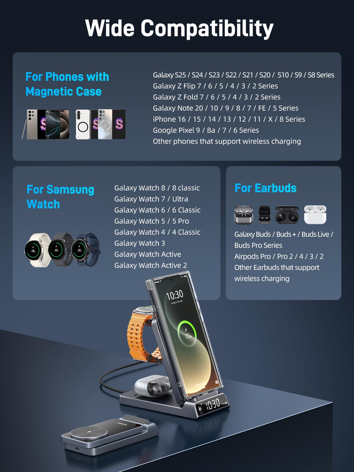 Elecdov 3-in-1 Magnetische Uhr mit kabellosem Ladegerät für Samsung 