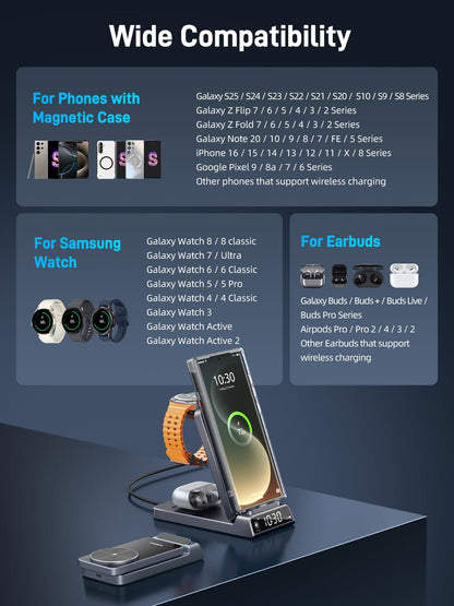 Elecdov 3-in-1 Magnetische Uhr mit kabellosem Ladegerät für Samsung 