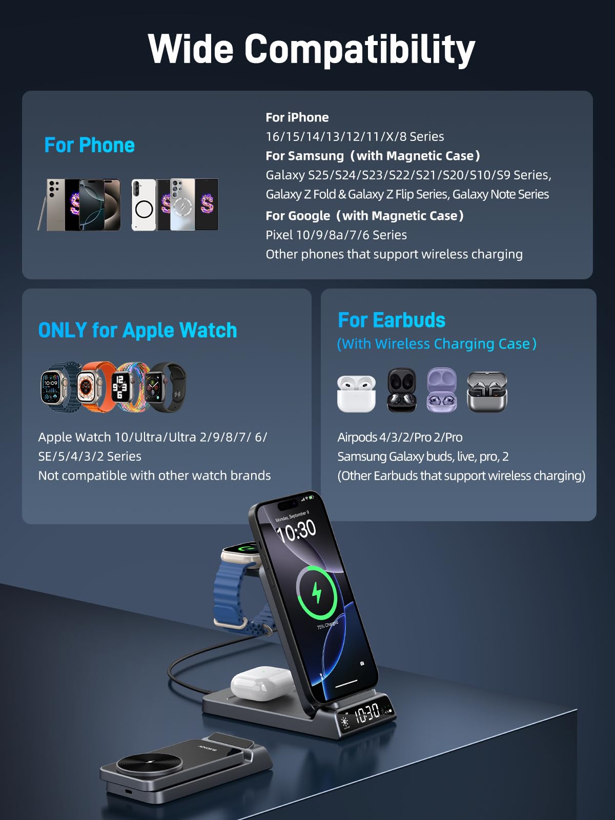 Elecdov Magnetische 3-in-1-Ladestation mit Uhr für Apple-Geräte 