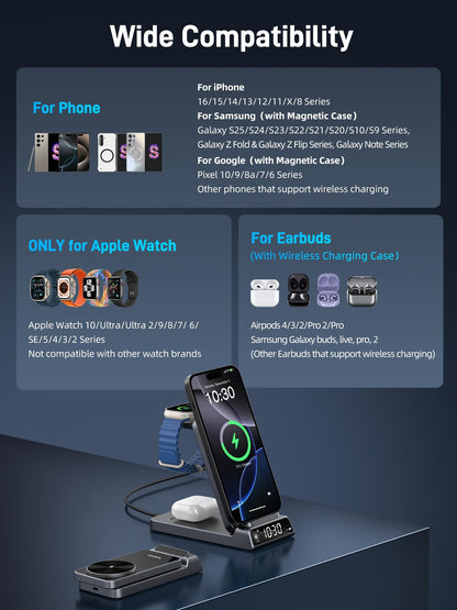 Elecdov Magnetische 3-in-1-Ladestation mit Uhr für Apple-Geräte 